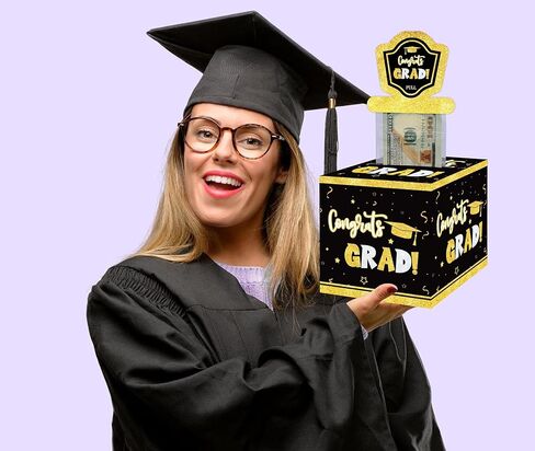 صندوق نقود التخرج، صندوق نقود التخرج للهدايا النقدية، صندوق هدايا مفاجئ مع بطاقة سحب و50 كيسًا بلاستيكيًا، طريقة مبتكرة لتقديم الهدايا النقدية، لوازم حفلات هدايا التخرج باللون الأسود والذهبي-1 in Kuwait