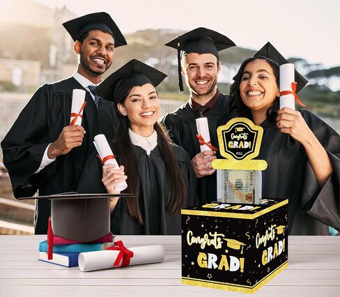 صندوق نقود التخرج، صندوق نقود التخرج للهدايا النقدية، صندوق هدايا مفاجئ مع بطاقة سحب و50 كيسًا بلاستيكيًا، طريقة مبتكرة لتقديم الهدايا النقدية، لوازم حفلات هدايا التخرج باللون الأسود والذهبي-1 in Kuwait