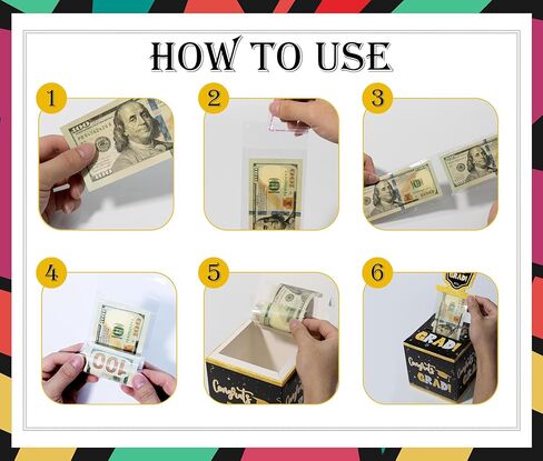 صندوق نقود التخرج، صندوق نقود التخرج للهدايا النقدية، صندوق هدايا مفاجئ مع بطاقة سحب و50 كيسًا بلاستيكيًا، طريقة مبتكرة لتقديم الهدايا النقدية، لوازم حفلات هدايا التخرج باللون الأسود والذهبي-1 in Kuwait