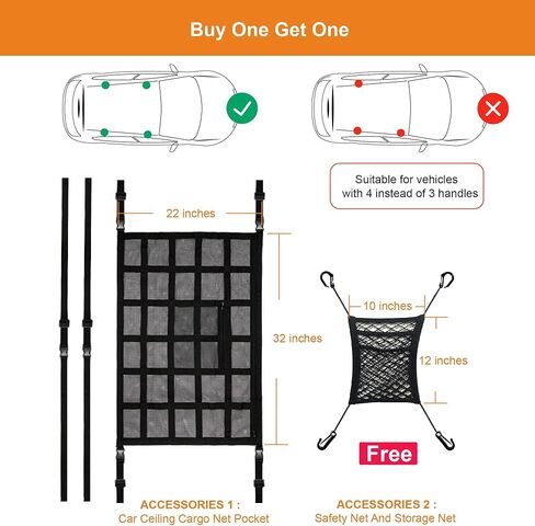 شبكة شحن سقف السيارة ومجموعة جيب شبكية - جيب تخزين مثالي للسيارة وشبكة شحن لتنظيم السيارة، إبزيم عريض من النايلون قابل للتعديل، مثالي لسيارات الدفع الرباعي، ورحلات الطريق، والتخييم، والمزيد، 81.28 سم × 55.88 سم in Kuwait