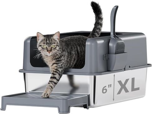 Stainless Steel High Sided Cat Litter Box, Extra Large Cat Litter Box Enclosure for Big Multiple Cats with Lid, Easy to Clean, Gray Non-Sticky, Include Litter Mat & Scoop (24''x16''x6'') in Saudi Arabia