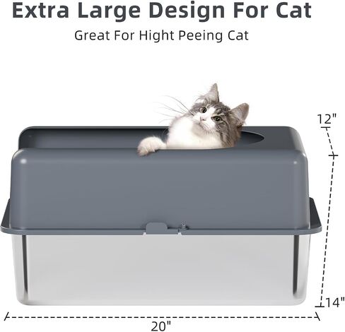 Stainless Steel High Sided Cat Litter Box, Extra Large Cat Litter Box Enclosure for Big Multiple Cats with Lid, Easy to Clean, Gray Non-Sticky, Include Litter Mat & Scoop (24''x16''x6'') in Saudi Arabia