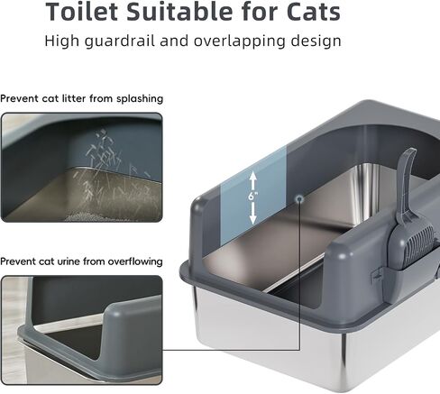 Stainless Steel High Sided Cat Litter Box, Extra Large Cat Litter Box Enclosure for Big Multiple Cats with Lid, Easy to Clean, Gray Non-Sticky, Include Litter Mat & Scoop (24''x16''x6'') in Saudi Arabia
