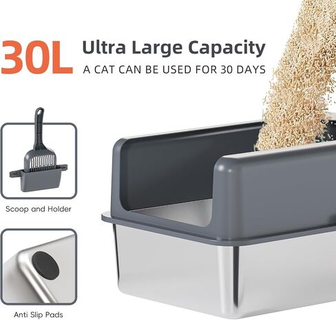 Stainless Steel High Sided Cat Litter Box, Extra Large Cat Litter Box Enclosure for Big Multiple Cats with Lid, Easy to Clean, Gray Non-Sticky, Include Litter Mat & Scoop (24''x16''x6'') in Saudi Arabia