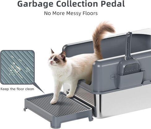 Stainless Steel High Sided Cat Litter Box, Extra Large Cat Litter Box Enclosure for Big Multiple Cats with Lid, Easy to Clean, Gray Non-Sticky, Include Litter Mat & Scoop (24''x16''x6'') in Saudi Arabia