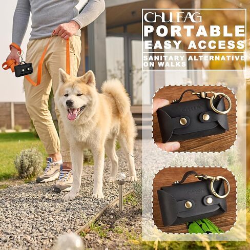 موزع أكياس براز الكلاب مصنوع يدويًا من الجلد - أنيق ومتين مع حزام مرفق لمشاية الكلاب، ويتميز بمشبك معدني نحاسي باللون الأسود الفحمي in Kuwait