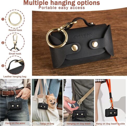 موزع أكياس براز الكلاب مصنوع يدويًا من الجلد - أنيق ومتين مع حزام مرفق لمشاية الكلاب، ويتميز بمشبك معدني نحاسي باللون الأسود الفحمي in Kuwait