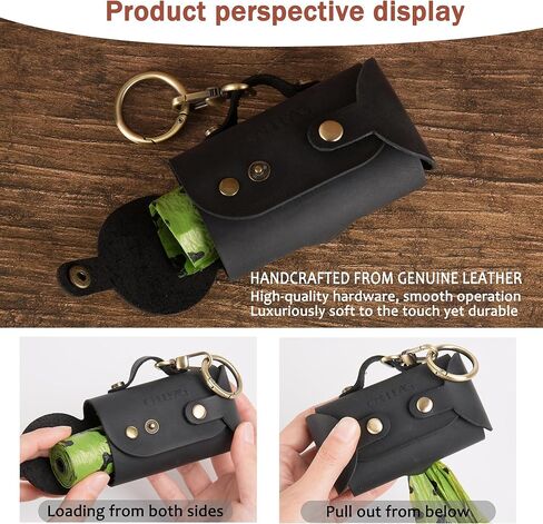 موزع أكياس براز الكلاب مصنوع يدويًا من الجلد - أنيق ومتين مع حزام مرفق لمشاية الكلاب، ويتميز بمشبك معدني نحاسي باللون الأسود الفحمي in Kuwait