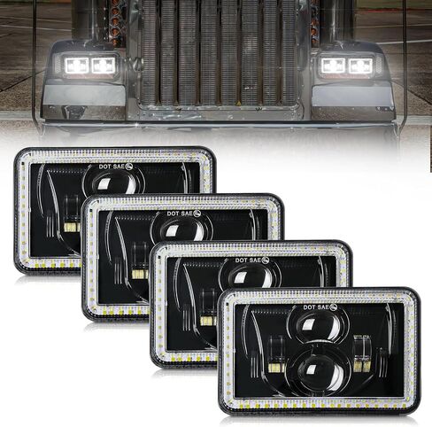4 قطع 4 × 6 مصابيح أمامية LED DOT 60W Hi/Lo مختومة شعاع المصابيح الأمامية متوافقة مع Peterbilt 379 Kenworth T800 T600 Freightinger Ford Probe Chevy Oldsmobile Cutlass H4651 H4652 H4656 H4666 H6545 in Saudi Arabia