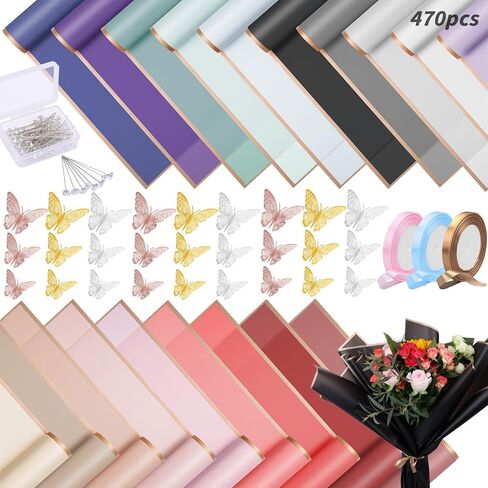 469 قطعة من ورق تغليف الزهور من Oleitodh - ورق باقة زهور مقاوم للماء، شريط من الساتان بطول 60 قدمًا، 36 قطعة من الفراشات ثلاثية الأبعاد 50 قطعة من دبابيس الزهور لهدايا عيد ميلاد الزفاف DIY (19 لونًا) in Kuwait
