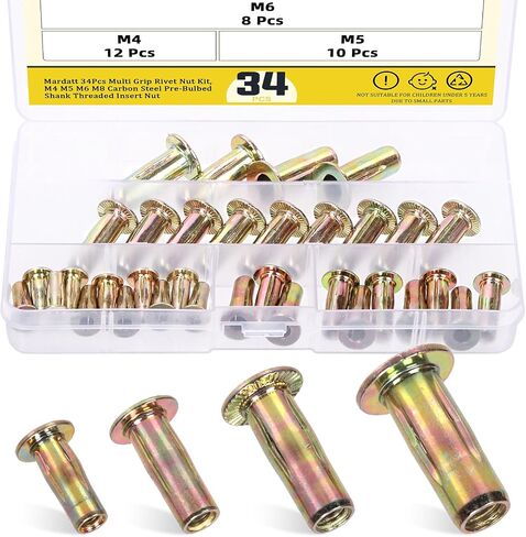 34Pcs 4 Sizes Multi-Grip Rivet Nut Assortment Kit, M4 M5 M6 M8 Zinc-Plated Flat Head Shank Threaded Insert Nut for Industrial Construction Fasteners in Saudi Arabia