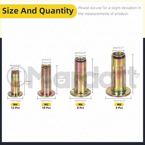 34Pcs 4 Sizes Multi-Grip Rivet Nut Assortment Kit, M4 M5 M6 M8 Zinc-Plated Flat Head Shank Threaded Insert Nut for Industrial Construction Fasteners in Saudi Arabia