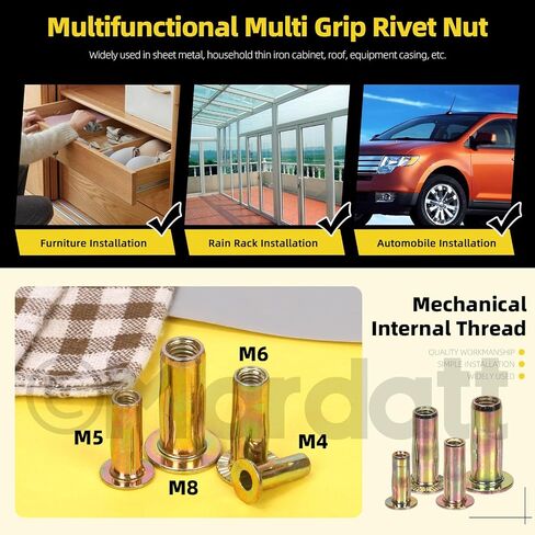 34Pcs 4 Sizes Multi-Grip Rivet Nut Assortment Kit, M4 M5 M6 M8 Zinc-Plated Flat Head Shank Threaded Insert Nut for Industrial Construction Fasteners in Saudi Arabia