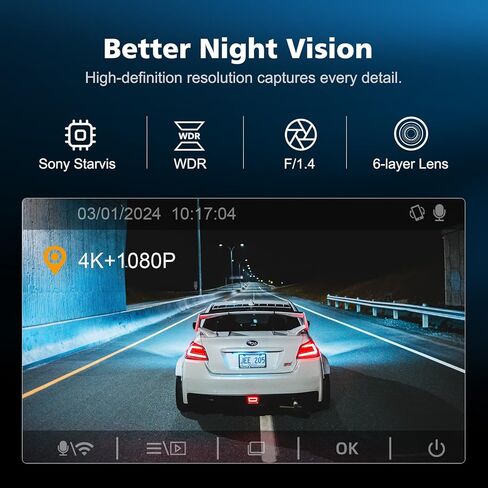 كاميرا داش كام أمامية وخلفية 4K، كاميرا داش كام مدمجة 5G Wi-Fi GPS، بطاقة مجانية 32 جيجابايت، رؤية ليلية، زاوية واسعة 170 درجة، WDR، وضع انتظار 24 ساعة، يدعم 512 جيجابايت كحد أقصى in Saudi Arabia