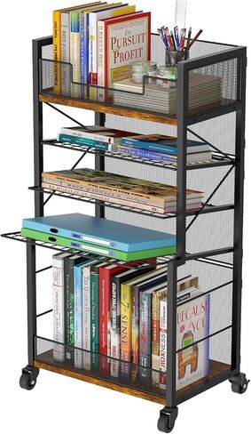 عربة كتب دوارة من 5 طبقات من Heyxiha مع صواني منزلقة، منظم مجلد ملفات بعجلات، خزانة كتب تخزين رف كتب متحرك، عربة أدوات معدنية وخشبية، حامل ورق صغير للمكتب والمدرسة والمنزل in Kuwait