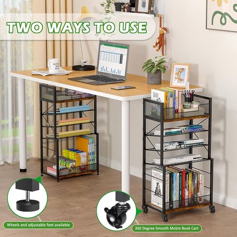 عربة كتب دوارة من 5 طبقات من Heyxiha مع صواني منزلقة، منظم مجلد ملفات بعجلات، خزانة كتب تخزين رف كتب متحرك، عربة أدوات معدنية وخشبية، حامل ورق صغير للمكتب والمدرسة والمنزل in Kuwait