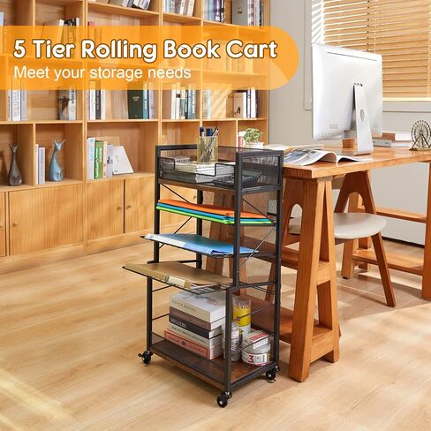 عربة كتب دوارة من 5 طبقات من Heyxiha مع صواني منزلقة، منظم مجلد ملفات بعجلات، خزانة كتب تخزين رف كتب متحرك، عربة أدوات معدنية وخشبية، حامل ورق صغير للمكتب والمدرسة والمنزل in Kuwait