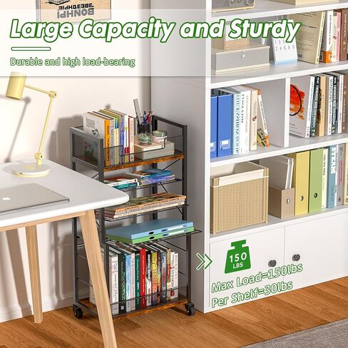 عربة كتب دوارة من 5 طبقات من Heyxiha مع صواني منزلقة، منظم مجلد ملفات بعجلات، خزانة كتب تخزين رف كتب متحرك، عربة أدوات معدنية وخشبية، حامل ورق صغير للمكتب والمدرسة والمنزل in Kuwait