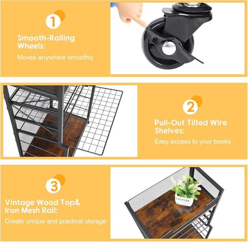 عربة كتب دوارة من 5 طبقات من Heyxiha مع صواني منزلقة، منظم مجلد ملفات بعجلات، خزانة كتب تخزين رف كتب متحرك، عربة أدوات معدنية وخشبية، حامل ورق صغير للمكتب والمدرسة والمنزل in Kuwait