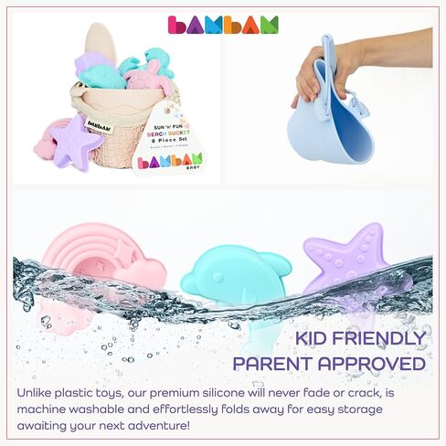 BAMBAM Baby – Premium Silicone Beach Toys for Toddlers & Baby | 100% BPA Free, Safety Tested | 8 Piece Sand Bucket Set for Kids Ages 6 Months and Up (Beach Blue) in Saudi Arabia