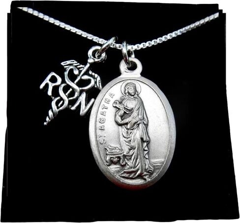 Saint Agatha Necklace, Nurse Graduate, 18" Sterling Silver Box Chain, Patron Saint of Nurses, Pinning Ceremony Gift, Prayer Card Included in Saudi Arabia