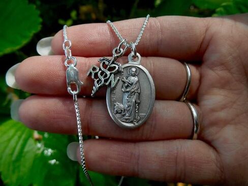 Saint Agatha Necklace, Nurse Graduate, 18" Sterling Silver Box Chain, Patron Saint of Nurses, Pinning Ceremony Gift, Prayer Card Included in Saudi Arabia