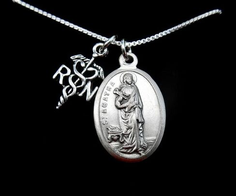 Saint Agatha Necklace, Nurse Graduate, 18" Sterling Silver Box Chain, Patron Saint of Nurses, Pinning Ceremony Gift, Prayer Card Included in Saudi Arabia