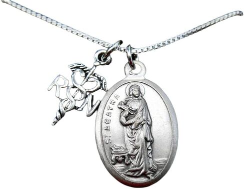 Saint Agatha Necklace, Nurse Graduate, 18" Sterling Silver Box Chain, Patron Saint of Nurses, Pinning Ceremony Gift, Prayer Card Included in Saudi Arabia