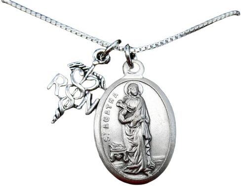 Saint Agatha Necklace, Nurse Graduate, 18" Sterling Silver Box Chain, Patron Saint of Nurses, Pinning Ceremony Gift, Prayer Card Included in Saudi Arabia