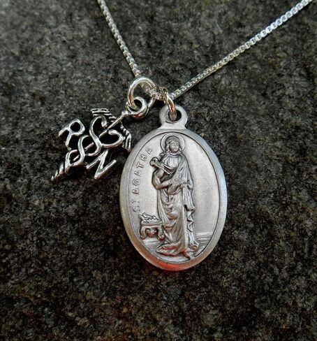 Saint Agatha Necklace, Nurse Graduate, 18" Sterling Silver Box Chain, Patron Saint of Nurses, Pinning Ceremony Gift, Prayer Card Included in Saudi Arabia