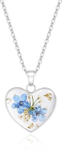 Jayden Heart Necklace For Women,Forget-Me-Not Real Flower Pressed Flower Necklace,Boho Jewelry,Handmade Unique Personalized Necklace,With Gold Foil | Silver - 18" in Saudi Arabia