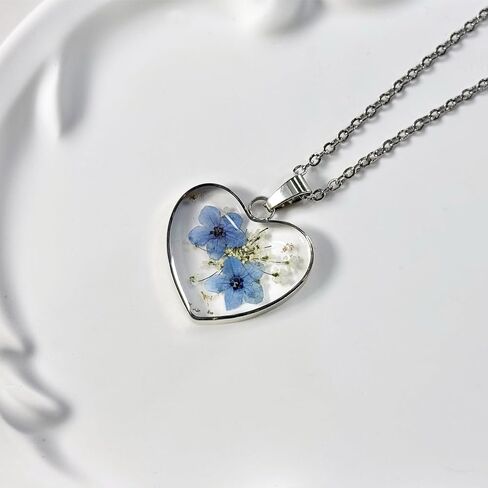 Jayden Heart Necklace For Women,Forget-Me-Not Real Flower Pressed Flower Necklace,Boho Jewelry,Handmade Unique Personalized Necklace,With Gold Foil | Silver - 18" in Saudi Arabia