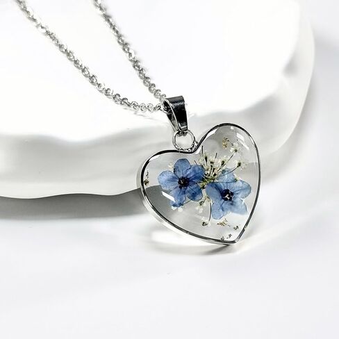 Jayden Heart Necklace For Women,Forget-Me-Not Real Flower Pressed Flower Necklace,Boho Jewelry,Handmade Unique Personalized Necklace,With Gold Foil | Silver - 18" in Saudi Arabia