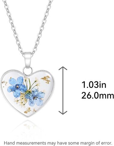 Jayden Heart Necklace For Women,Forget-Me-Not Real Flower Pressed Flower Necklace,Boho Jewelry,Handmade Unique Personalized Necklace,With Gold Foil | Silver - 18" in Saudi Arabia