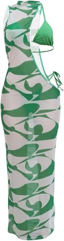 Uni Clau 3 Piece Swimsuits for Women Sexy Bikini Set Beach Cover Up Print Cut Out Halter Sheer Mesh Maxi Dress Bathing Suits in Kuwait