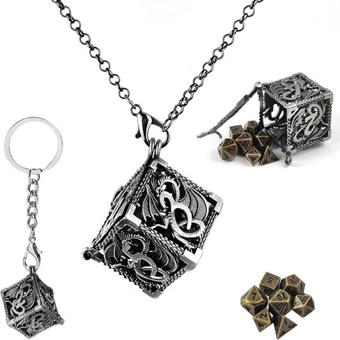 مجموعة نرد صغيرة من QIELIZI مع قلادة نرد مجوفة نحاسية D20 حافظة نرد عتيقة صغيرة معدنية صغيرة DND مجموعة نرد D&D سلسلة مفاتيح محمولة 7 قطع مجموعة نرد (4 برونزية/برونزية) in Kuwait