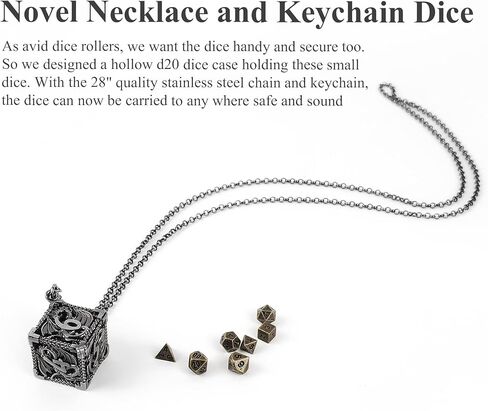 مجموعة نرد صغيرة من QIELIZI مع قلادة نرد مجوفة نحاسية D20 حافظة نرد عتيقة صغيرة معدنية صغيرة DND مجموعة نرد D&D سلسلة مفاتيح محمولة 7 قطع مجموعة نرد (4 برونزية/برونزية) in Kuwait