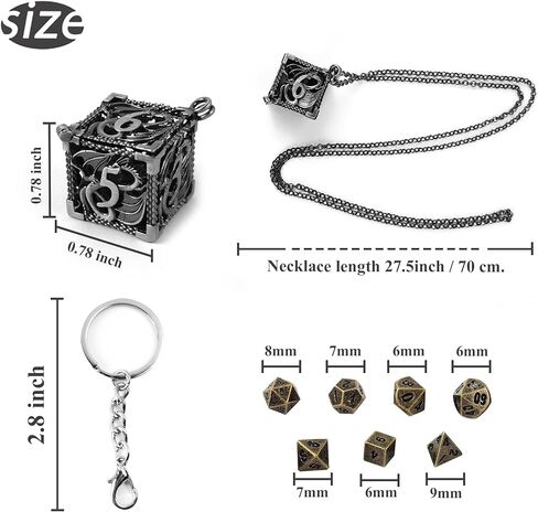 مجموعة نرد صغيرة من QIELIZI مع قلادة نرد مجوفة نحاسية D20 حافظة نرد عتيقة صغيرة معدنية صغيرة DND مجموعة نرد D&D سلسلة مفاتيح محمولة 7 قطع مجموعة نرد (4 برونزية/برونزية) in Kuwait