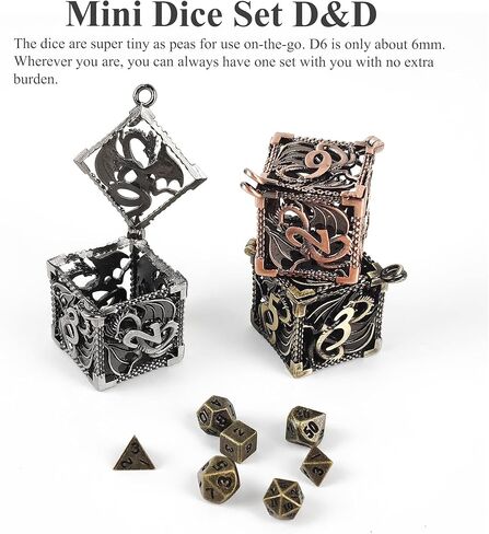 مجموعة نرد صغيرة من QIELIZI مع قلادة نرد مجوفة نحاسية D20 حافظة نرد عتيقة صغيرة معدنية صغيرة DND مجموعة نرد D&D سلسلة مفاتيح محمولة 7 قطع مجموعة نرد (4 برونزية/برونزية) in Kuwait