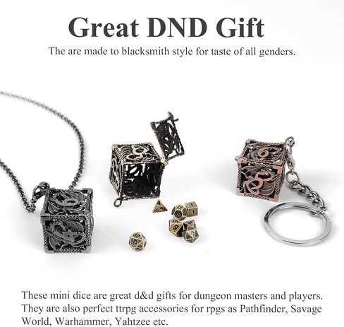 مجموعة نرد صغيرة من QIELIZI مع قلادة نرد مجوفة نحاسية D20 حافظة نرد عتيقة صغيرة معدنية صغيرة DND مجموعة نرد D&D سلسلة مفاتيح محمولة 7 قطع مجموعة نرد (4 برونزية/برونزية) in Kuwait