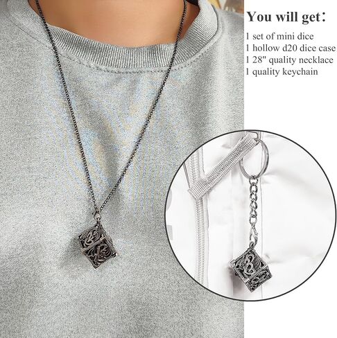 مجموعة نرد صغيرة من QIELIZI مع قلادة نرد مجوفة نحاسية D20 حافظة نرد عتيقة صغيرة معدنية صغيرة DND مجموعة نرد D&D سلسلة مفاتيح محمولة 7 قطع مجموعة نرد (4 برونزية/برونزية) in Kuwait