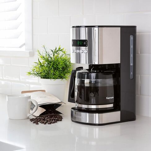 Kenmore Coffee Maker 12 cup Drip Coffee Machine Programmable Aroma Control Glass Carafe Reusable Filter Timer Digital Display Charcoal Water Filter Regular Bold Stainless Steel and Black in Kuwait
