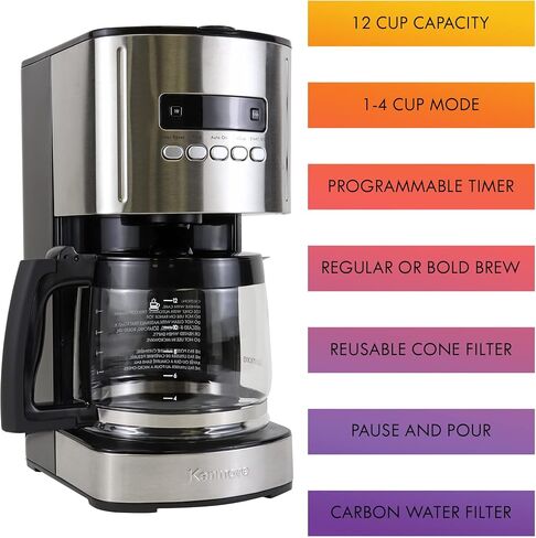 Kenmore Coffee Maker 12 cup Drip Coffee Machine Programmable Aroma Control Glass Carafe Reusable Filter Timer Digital Display Charcoal Water Filter Regular Bold Stainless Steel and Black in Kuwait