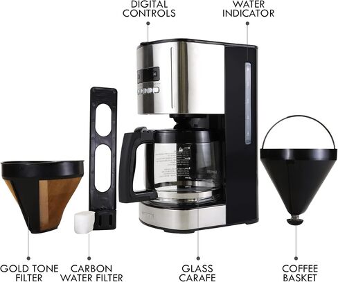 Kenmore Coffee Maker 12 cup Drip Coffee Machine Programmable Aroma Control Glass Carafe Reusable Filter Timer Digital Display Charcoal Water Filter Regular Bold Stainless Steel and Black in Kuwait