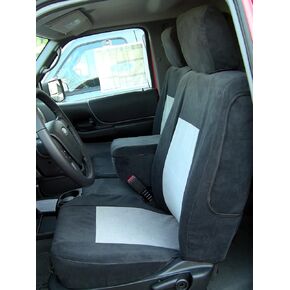 أغطية مقاعد Durafit مصنوعة لتناسب مقعد Ford Ranger 60/40 المقسم لعام 2010-2012 مع وحدة تحكم مفتوحة. مصنوع من قماش قطني طويل للسيارات بلونين أسود مع حشوات رمادية in Saudi Arabia