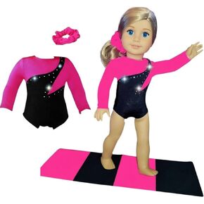 Sparkling Success: 2026 American Doll Girl Pink Gymnastics Clothes Set with Leotard, Mat, Olympic Medal and Hair Accessory. 4 PCS in All! Doll Not Included in Saudi Arabia