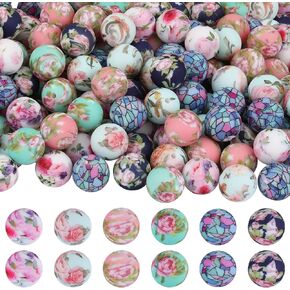 54 Pcs 15mm Silicone Beads for Keychain Making Round Focals Floral Printed Focal Beads for Pens Necklace Bracelets Earrings Jewelry Making in Saudi Arabia