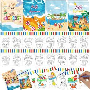 MUOUAKATE Summer Watercolor Coloring Books Bulk Summer Crafts Activities Pool Beach DIY Color Art with Greeting Card for Camp Hawaiian Birthday Classroom Home Party Favors Gifts Supplies (128PCS) in Kuwait