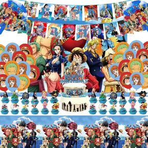 45Pcs For One Piece Birthday Party Supplies: 1 Banner, 1 Tablecloth, 1 Backdrop, 1 Cake Topper, 24 Cupcake Toppers, 15 Balloons, 2 Aluminum Balloons for Kids Boys Theme Party Decorations in Saudi Arabia
