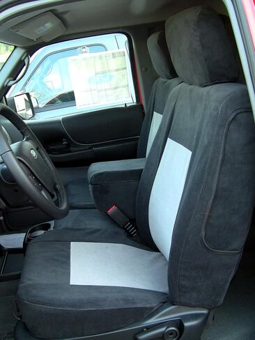 أغطية مقاعد Durafit مصنوعة لتناسب مقعد Ford Ranger 60/40 المقسم لعام 2010-2012 مع وحدة تحكم مفتوحة. مصنوع من قماش قطني طويل للسيارات بلونين أسود مع حشوات رمادية in Kuwait